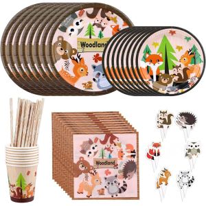 Checarzhn--No1-Fournitures Pour Fêtes Des Animaux Des Bois Pour Garçons Et Filles, 56pcs- Set De Fête Sur Jungle Thème - Assiettes, Tasses, Serviettes De Table, Pailles - Neuf