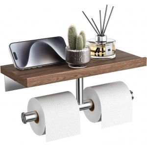 KALANKA-Porte Papier Toilette Mural avec &iquest;&iquest;tag&iquest;&iquest;re Tablette, Porte Papier Rustique en Acier Inoxydable Bross&iquest;&iquest; Porte-Rouleau de Papier Hygi&iquest;&iquest;nique (Noyer, Nickel Bross&iquest;&iquest;-Double) - Neuf