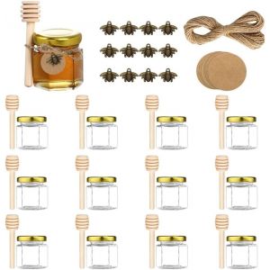 Mevronisshop-Lot De 12 Mini Pot &Agrave; Miel Hexagonaux En Verre 45 Ml Avec Louches En Bois, Pendentifs Abeille, &Eacute;tiquettes En Papier Kraft, Jute Pots &Agrave; Confiture Pour Cadeaux Et Cadeaux De Mariage - Neuf