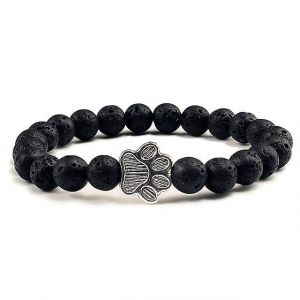 Naturel Mat Noir Lave Volcanique Pierre Patte Impression Breloque Bracelet Pour Animaux De Compagnie Memorial Chat Chien Amour - Neuf