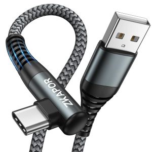 Thef-Câble Usb C 90 Degrés 1m, Cable Usb C Charge Rapide Nylon Tressé Cordon Angle Droit Type C Pour Iphone 15/15 Pro Max, Samsung Galaxy S23/S22/S21, Note 10, Huawei P40/P30, Google Pixel - Gris - Neuf