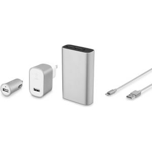 SJZG-Mixit Kit Chargeur Secteur Et Voiture Avec C&acirc;ble Usb Lightning Tress&eacute; Et Batterie Externe 6600 Mah Pour Iphone 12, 12Pro, 11, 11Pro Max, Xr, Xs, Ipad Mini, Pro Etc. Argent&eacute; - Neuf