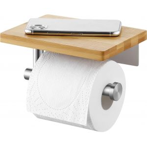 Porte-Papier Toilette (Brossé)avec étagère en Bambou Support Mural pour Papier Toilette pour Salle de Bain Acier Inoxydable - Neuf
