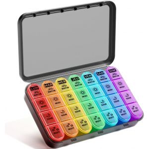 KALANKA-Pilulier Semainier 7 Jours Matin Midi Soir, 28 Compartiments Grande Capacit&eacute;, Bo&icirc;te &agrave; M&eacute;dicaments Rangement, Pilulier Voyage Multicolore - Neuf