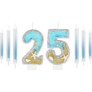 Eryi-Bougie D'anniversaire Bleue En Forme De Chiffre 25 Pour Garçons Et Filles, Décorations De Gâteau D'anniversaire Pour Garçons Et Filles, Bougies Bleues Argentées Pour Hommes Et Femmes, Décoration - Neuf