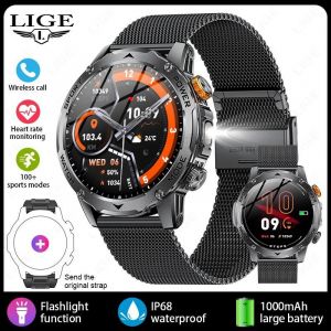 Lige Nouvelle Montre Intelligente Hommes 1000Mah Grande Capacité Batterie Lampe De Poche Extérieure Bluetooth Appel Étanche Sport Fitness Smartwatch.Mesh Belt Black. - Neuf