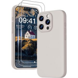 3 En 1 Coque Iphone 15 Pro Max Silicone Liquide - Avec 2 Verre Trempé - Étui Protection Précise De Caméra [Résistant Aux Rayures] [Antidérapant] Iphone 15 Pro Max Case 6.7"", Gris Pierre.[S4486] - Neuf