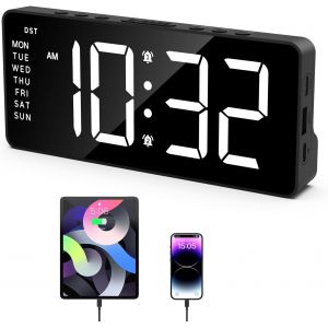 KAL-Réveil Numérique, Réveils De Chevet Avec 7''Ecran Led, 2 Ports Usb, Horloge Numérique Avec 5 Niveaux De Luminosité, Répétition D'Alarme, Doubles Alarmes Pour Maison (Câble De 1,5M Inclus) - Neuf
