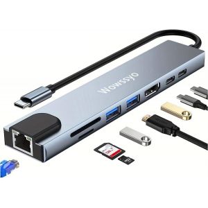 Hub USB C 8 en 1 Adaptateur Multiport pour MacBook M1 Pro/Air avec RJ45 Ethernet, 4K HDTV, PD 100W, 2 USB C, Lecteurs SD et TF, Station d'Accueil pour iPad Pro M1, Dell, XPS - Neuf
