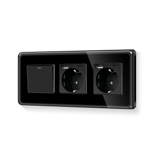 Interrupteur rond Schuko 1 voie avec double prise de type c et USB - Vitesse de charge maximale : 20 W - 100-240 V - 228 mm - Noir - Encastr&eacute; (neutre n&eacute;cessaire) - Neuf