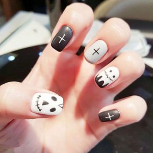 Kal-Faux Ongles Halloween, Faux Ongles Noir Blanc Mat Court Carré, Faux Ongles Aotocollants Pour Femme Fille, Accessoirie Ou Idée Cadeau Fête - Neuf