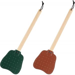 KALANKA-2pcs Tapettes Mouche Cuir, Longue Poignée Bois Tapette Mouches Manuelle avec Corde Suspension Tapette Mouches Cuir Pratique Robuste l'Intérieur Mouches Moustiques Abeilles(Marron, Vert Foncé) - Neuf