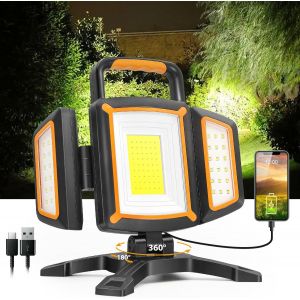 Projecteur Led Rechargeable 30W, 3000Lm Projecteur De Chantier Avec Batterie, 5 Modes Lampe Chantier Sans Fil Et Powerbank Fonction, &Eacute;tanche Et Rotative Pour Garage, Atelier - Neuf