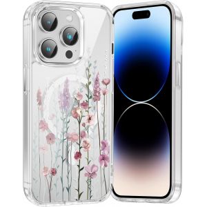 Kal-Coque Magnétique Pour Iphone 15 Pro Max 6,7"",Compatible Avec Magsafe, Transparente Fille Etui Avec Aesthetic Motif Fleur Dessin, Souple Silicone Mince Tpu Bumper Case Antichoc Housse Cover, 03 - Neuf