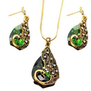 Parure De Bijoux Ethniques Pour Femme, Collier Et Boucles D'oreilles En Alliage De Pierres Precieuses Artificielles En Forme De Goutte D'eau (Vert) - Neuf