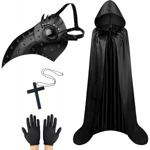 Masque De M&eacute;decin De La Peste,Halloween Masque De Bec,Costume R&eacute;tro De M&eacute;decin En P&eacute;riode De Peste En Cuir Avec Masque En Forme De Bec D'oiseau,Manteau &Agrave; Capuche,Gants Noir.[J519] - Neuf