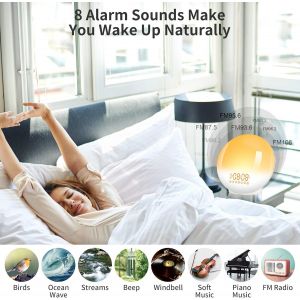 Eveil Lumière Led Radio Réveil Matin Lumineux Lampe De Chevet 20 Niveaux De Luminosité Simulateur D'aube Et Crépuscule 2 Réveils 7 Sons Naturels Fonction Snooze Veilleuse Enfant 7 Couleurs - Neuf