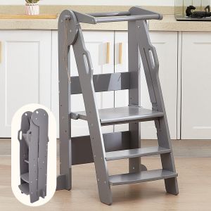 SUBZONAL-Montessori Tour Pliable R&eacute;glable en Hauteur sur 3 &eacute;tages, Tour d Observation Enfant de 2 &agrave; 6 Ans, Facile &agrave; Assembler, Tour d'observation Montessori avec Rails de s&eacute;curit&eacute;, approuv&eacute; CE - Gris - Neuf