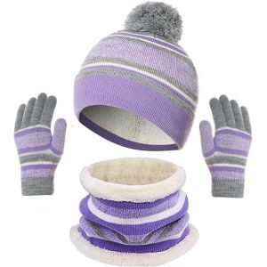 (Violet)3 En 1 Bonnet Écharpe Gants Ensemble Pour Les Enfants L'hiver Épaissir En Tricot Polaire Pompom Chapeaux Avec Cache-Cou Écharpe Gants Pour Les Filles, Les Garçons De L'âge De 3 À 8 Ans - Neuf