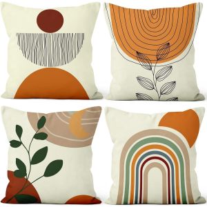 Eryi-Housse Coussin Abstrait, Taie Oreiller Boho Terracotta Géométrique Feuilles Vert Housse De Coussin Velours Taie D'oreiller Carré Housse Coussin Pour Lit Salon Masion Canapé, Lot De 4, 45x45cm - Neuf