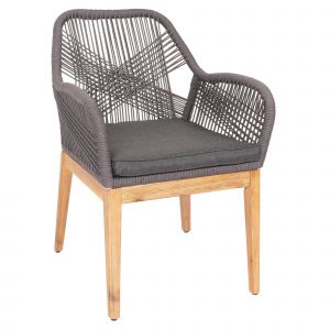 Chaise De Jardin Moderne R&eacute;sistant Aux Intemp&eacute;riese En Bois D Acacia Dossier Arrondi En Corde Tress&eacute;e Gris Coussin Gris Fonc&eacute; 04_0010102 - Neuf