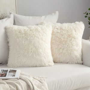 Lot de 2 housses de coussin en fourrure, taies d'oreiller décoratives, douces et belles, carrées, pour salon, canapé, chambre, 45 x 45 cm, blanc brillant - Neuf
