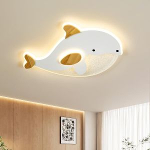 SUBZONAL-Plafonnier Chambre Enfant,Forme Dauphin Plafonnier Led Grain Blanc Et De Bois Cuisine Lampe,Dimmable Avec Contr&ocirc;Le,28W Decoration Luminaires Int&eacute;Rieur Pour Salon,50 * 34Cm - Neuf