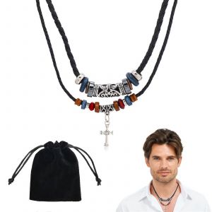 Collier Pour Homme Avec Cha&icirc;ne En Cuir Et Pendentif Croix, Style Nordique Vintage, Bracelet De 45 Cm, Cadeau Pour Homme - Neuf