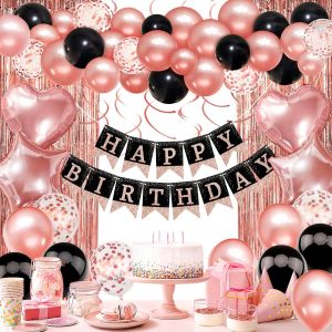 SJZG-D&eacute;coration D'Anniversaire - Or Rose Noir - D&eacute;coration De F&ecirc;te D'Anniversaire De Qualit&eacute; Sup&eacute;rieure - Guirlande De Ballons - Rideaux - Pour Gar&ccedil;ons Et Filles - D&eacute;coration D'Anniversaire Pour Homm - Neuf