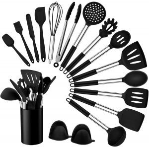 Mevronisshop-Lot De 17 Ustensiles De Cuisine En Silicone - Antiadh&eacute;sif Et R&eacute;sistant &Agrave; La Chaleur - Avec Poign&eacute;e En Acier Inoxydable - Sains Et Durables - Passe Au Lave-Vaisselle - Noir - Neuf