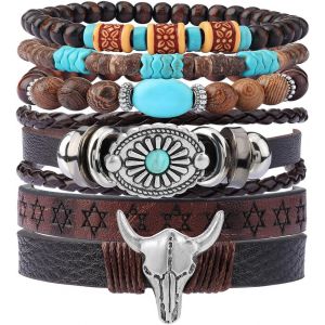 Eryi-6pcs Bois Perles Brassard Bracelets Pour Femmes Hommes Unisexe Tibétain Bouddhiste Wrap Wood Wristband Bangle Pour Femme Homme - Neuf