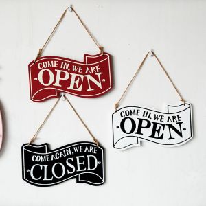 Panneau double face en bois ouvert et fermé avec corde à suspendre, panneau d'entreprise vintage (rouge) - Neuf