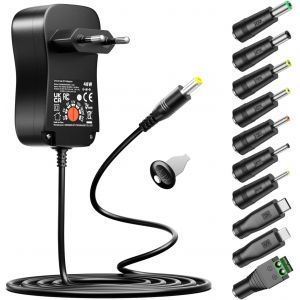KALANKA-48W Adaptateur Secteur Universel AC DC 5V 6V 9V 12V 15V 19V 20V 24V 2A 3A 4A Chargeur Multi-Tensions avec 10 Fiches CC pour l'&eacute;lectronique Domestique, Contient USB-C - Neuf