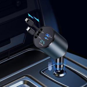TRAHOO-Chargeur Voiture R&eacute;tractables,4 en 1 Allume Cigare USB C 60W avec C&acirc;bles R&eacute;tractables et 2 Ports de Charge,Chargeur Allume Cigare pour iPhone 15/14/13/12/11 Pro Max/iPad (Lighting and Type-C C - Neuf