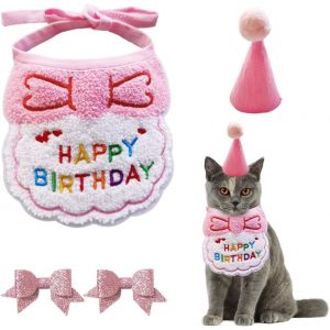 Kal-1 Bavoir, 1 Bonnet D'anniversaire, 2 Épingles À Cheveux Avec N?ud, Bonnet D'anniversaire Pour Chiot Et Chaton, Écharpe, Accessoires D'anniversaire Pour Animaux De Compagnie, Costume De Chat (Rose - Neuf
