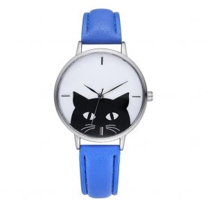 Gaiety Pu Strap Femmes Montre Mignon Chat Motif Rond Bo&icirc;tier Analogique Quartz Montre-Bracelet Bleu - Neuf