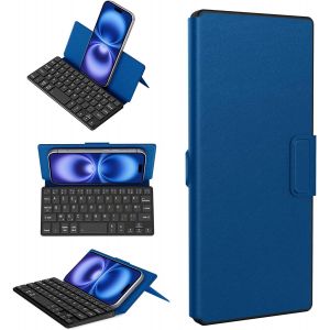Clavier Bluetooth Pliable, Mini Clavier Sans Fil Double Canal, [Azerty] Clavier Bluetooth Avec Support,Mini Clavier Ultra Plat, Compatible Avec Ipad/Phone/Tablette, Android, Windows, Bleu Océan - Neuf