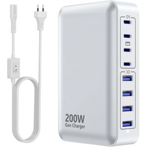 JGD-Chargeur USB-C 200 W, hub de Charge Rapide GaN à 8 Ports, Adaptateur PD 65 W pour Ordinateur Portable, Compatible avec MacBook Pro/Air, Dell, Steam Deck, iPhone 16/15/14, Galaxy S24 (Blanc) - Neuf