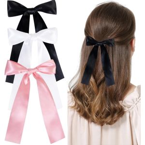 3 Pièces Rubans À Cheveux Pour Femme Avec N?ud, Noeud Cheveux Filles Gland Ruban Cheveux, Barrettes À Cheveux En Satin Soyeux, Barrettes À Cheveux À Gros N?ud En Satin (Noir,Beige,Rose) - Neuf
