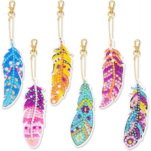 Ayuhr-6 Pièces Plume Diamant Peinture Art Porte-Clés, 5d Diy Diamant Peinture Pendentif, Diamant Plein Peinture Porte-Clés, Double Face Diamond Art Painting Porte-Clés Strass Pour Décoration De Sac - Neuf