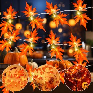 Trahoo-Guirlande Lumineuse D'automne, 3 M&egrave;tre 20led Guirlande De Feuiles D'&eacute;rable Lumineuse A Pile Avec Minuterie, Automne Decoration Pour Halloween, Citrouille, F&ecirc;te Des R&eacute;coltes In/Ext&eacute;rieure Decor - Neuf