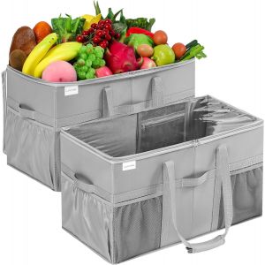 SJZG-Lot De 2 Grands Cabas R&eacute;utilisables Extra-Larges - Sacs De Courses Solides Et R&eacute;sistants Avec Poches Et Poign&eacute;es - Sacs Pliables Pour Provisions - Cabas Escamotables Avec Couvercles - Neuf