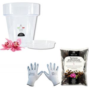 ERYI-- Kit De Rempotage Pour Orchidées : Pot Transparent Pour Orchidées, 4 Trous De Drainage Et Soucoupe + Terreau Spécifique Pour Orchidées 1L, Gants De Jardinage (16Mm) - Neuf