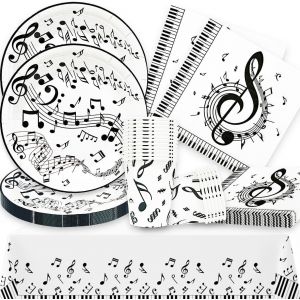 Letnerny-Vaisselle De F&ecirc;te Musicale, 61 Pi&egrave;ces De D&eacute;corations Danniversaire De Musique, Ensemble De Th&egrave;me De Note Cl&eacute; De Piano, Y Compris Assiette &Agrave; Musique, Tasse, Serviette En Papier, Nappe Musical - Neuf