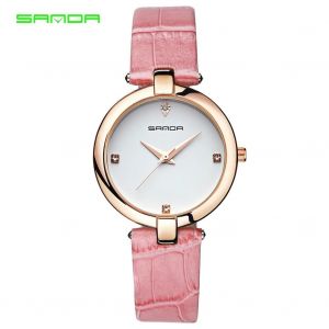 Sanda Femme Dame Analogique Rond Quartz Strass Bracelet En Cuir Montre Montre-Bracelet (Rose Blanc) - Neuf