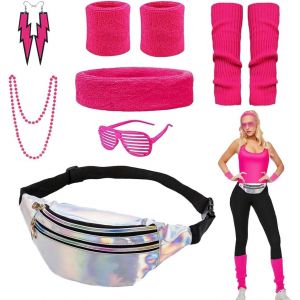 Déguisement Annees 80 Accessoire Femme Fluo Avec Bandeau Jambières Sac Banane Boucle D'oreille Colliers Et Lunettes Pour Annees 80 90 Costume Vetement Fête Rétro Néon Femme (Rosa) - Neuf