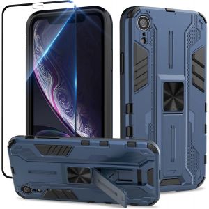 Kal-Coque Pour Iphone Xr Avec Verre Trempé, Outdoor Antichoc De Qualité Militaire Coque Avec Béquille Anti Rayure, Compatible Support De Voiture Magnétique - Bleu - Neuf