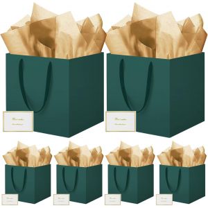11.8"" Sac Cadeau, 6 Pièces Papier Emballage Cadeau Anniversaire, Carré Pochette Cadeau Ggrand Format Enfant 30 * 30 * 30cm Avec 6 Cartes 6 Mouchoirs Pour Fête D'anniversaire Vert - Neuf