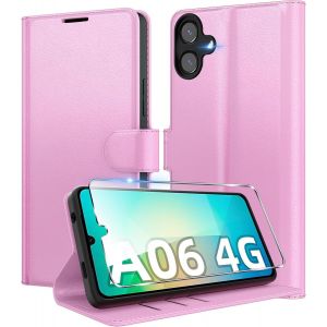 SJZG-Coque Pour Samsung Galaxy A06 4G En Premium Cuir Pu, Portefeuille Housse Etui Pour Cartes Protection Anti-Choc Flip Case Avec 1 Verre Tremp&eacute; Rose - Neuf