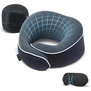 Coussin de Nuque, Coussin de Voyage, 100% Mousse à mémoire de Forme, Coussin orthopédique, pour Voyage en Avion, Voiture, Train, avec Masque de Sommeil 3D, Sac en Maille, Gris Foncé - Neuf